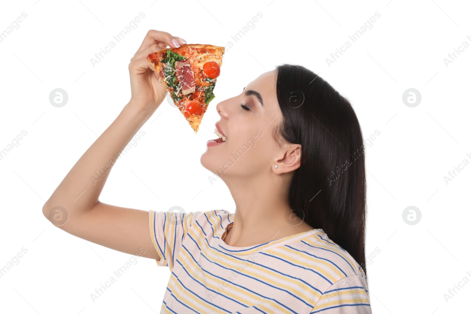 Photo of Beautiful woman with pizza isolated on white