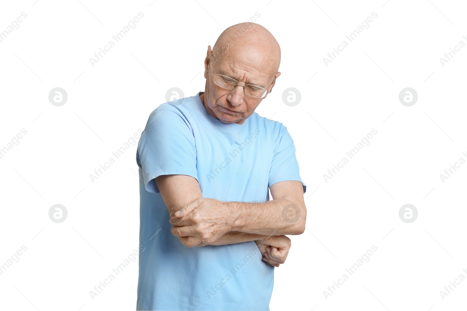 Photo of Man suffering from pain in elbow on white background