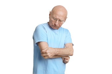 Photo of Man suffering from pain in elbow on white background