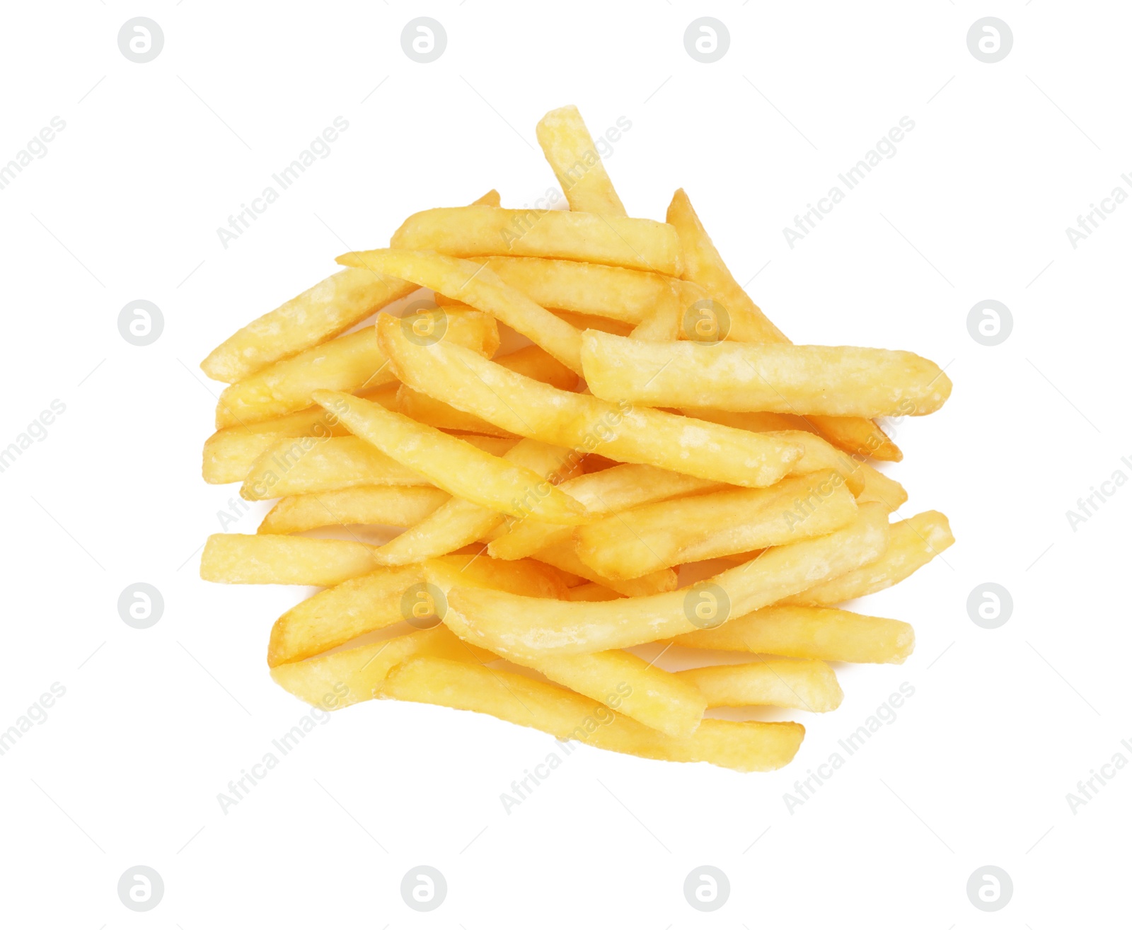 Photo of Delicious fresh french fries on white background, top view