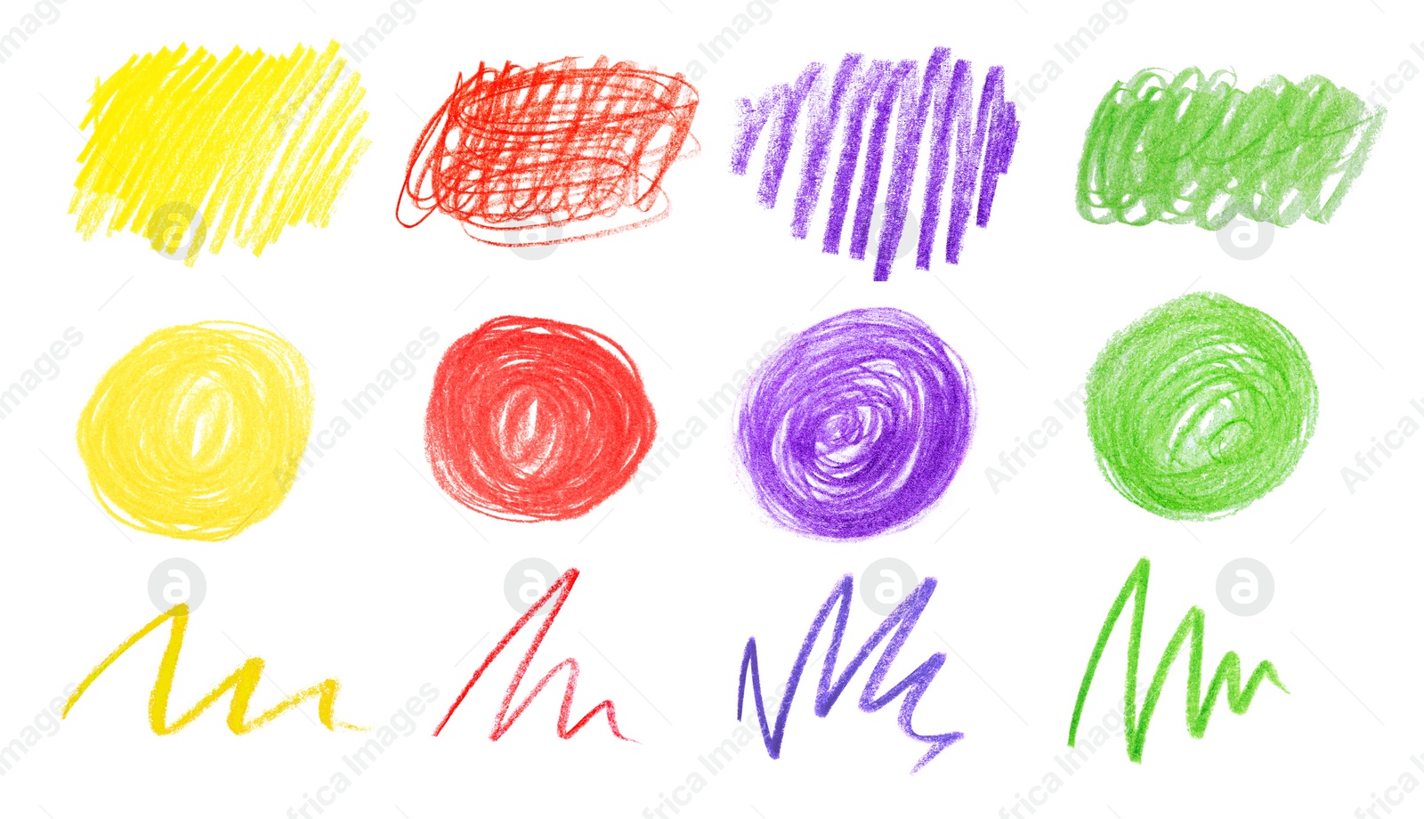 Image of Collage of color drawn pencil scribbles on white background