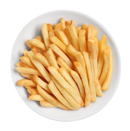 Bowl with tasty French fries on white background, top view