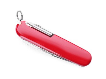 Photo of Compact portable multitool with red handle isolated on white, top view