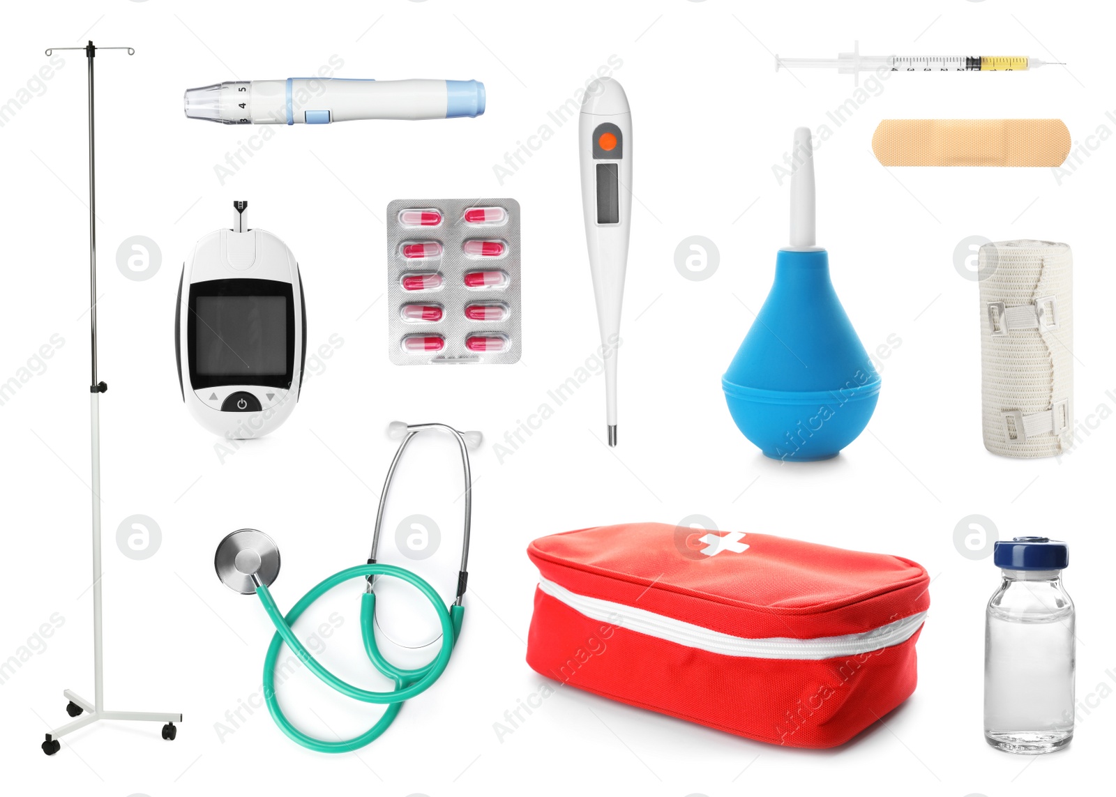 Image of Set with drop counter stand and different medical equipment on white background