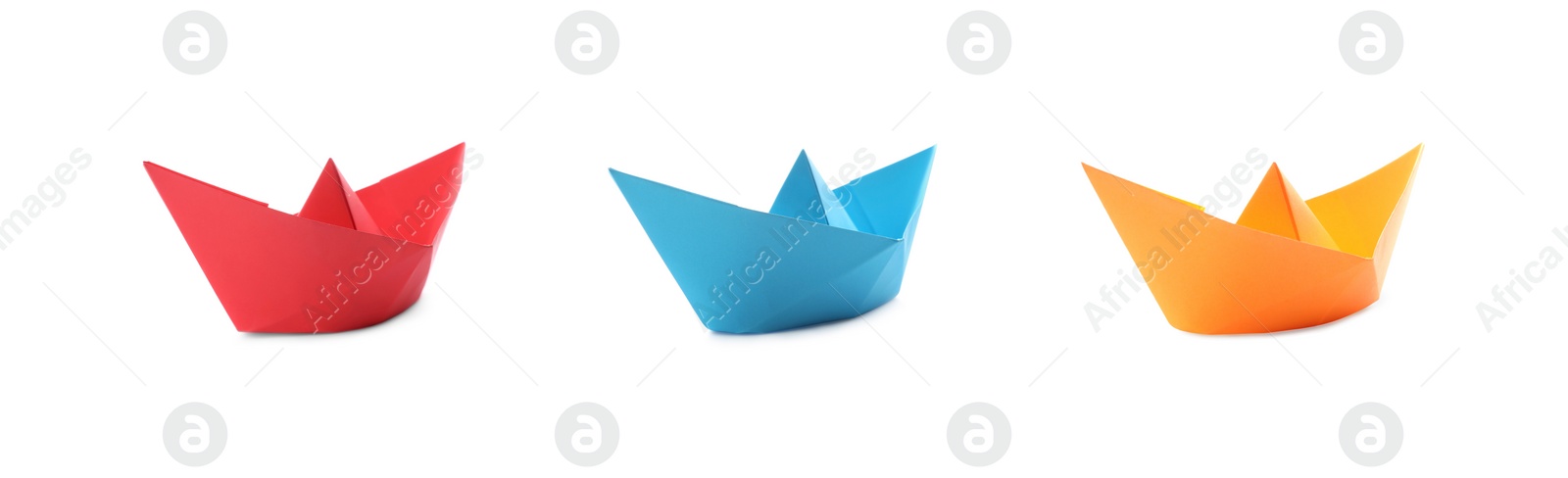 Image of Set with multicolor paper boats on white background. Banner design