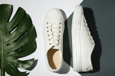 Pair of trendy shoes and monstera leaf on color background, flat lay