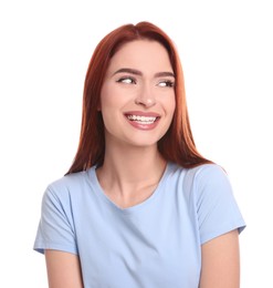 Photo of Happy woman with red dyed hair on white background