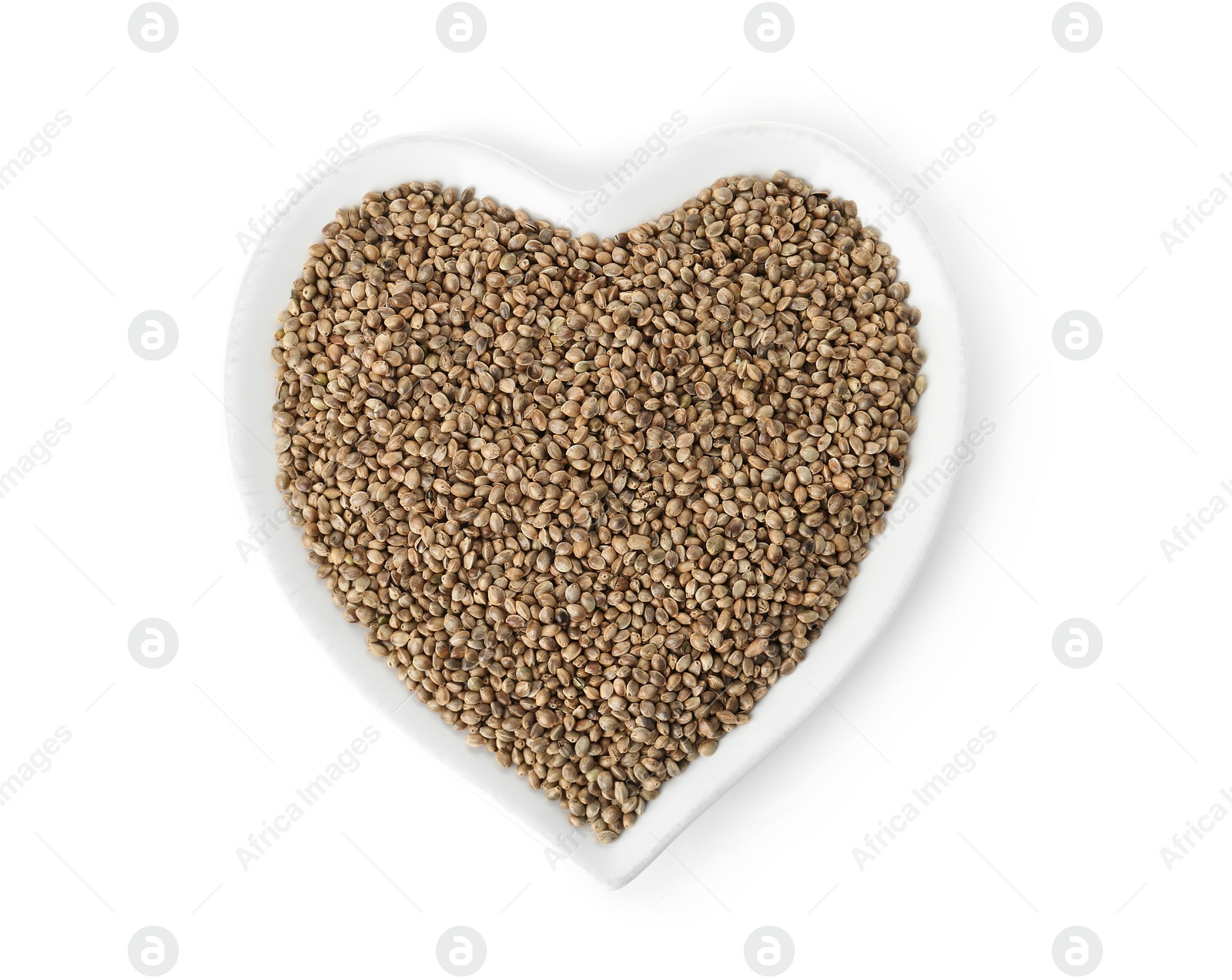 Photo of Plate with hemp seeds on white background, top view