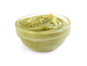 Photo of Delicious wasabi in bowl on white background. Spicy sauce