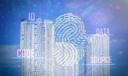 Image of Fingerprint identification. Beautiful view of cityscape with modern buildings