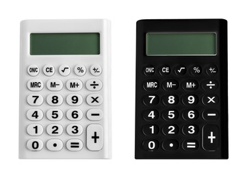 Image of Different calculators on white background, top view. Collage