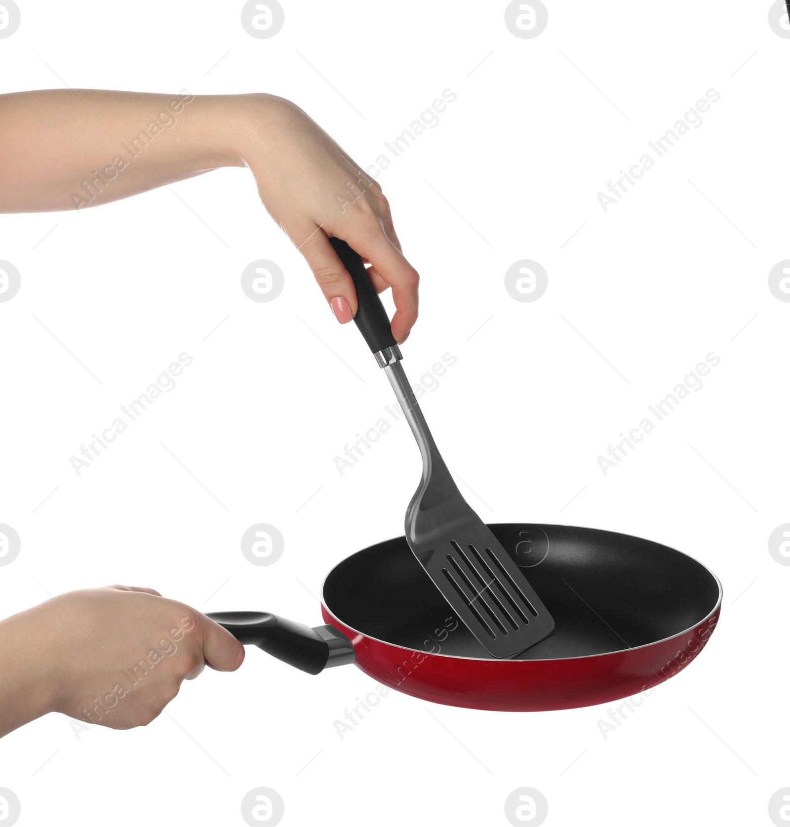 Photo of Woman with spatula and frying pan on white background, closeup