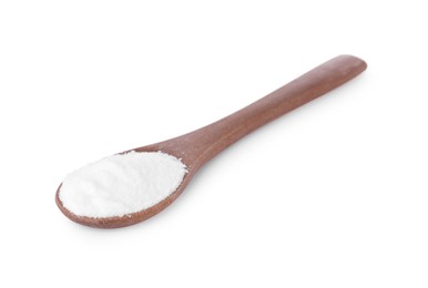 Photo of Wooden spoon with sweet fructose powder isolated on white