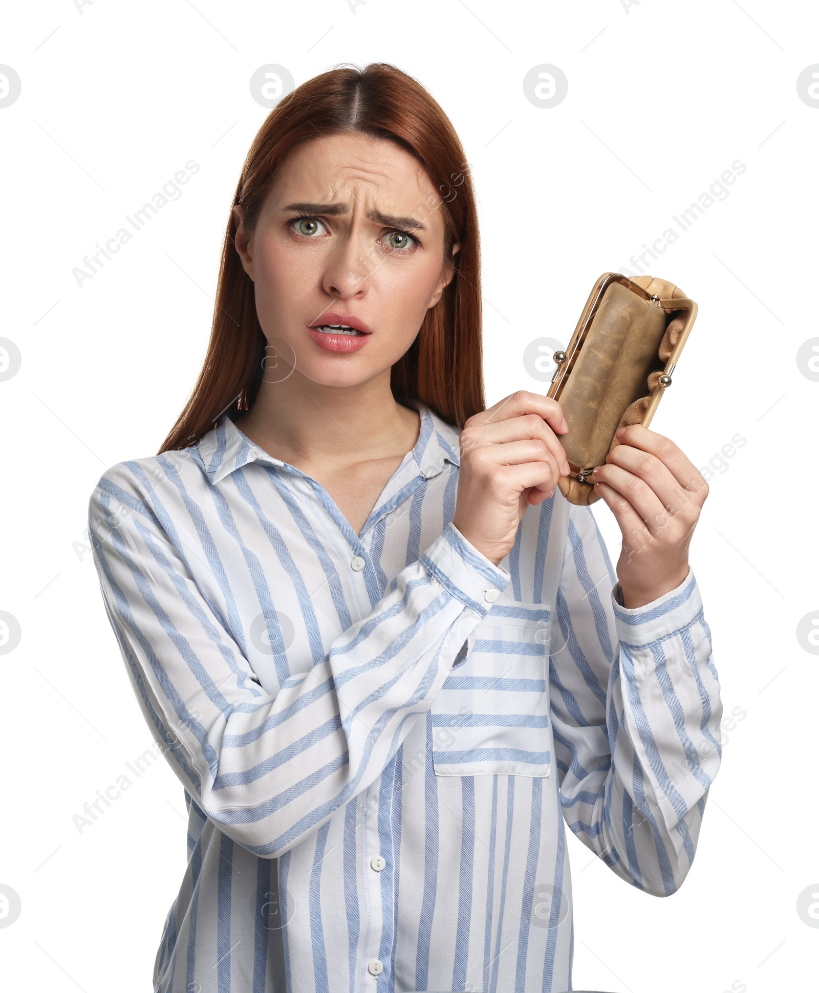 Photo of Confused woman with empty wallet on white background