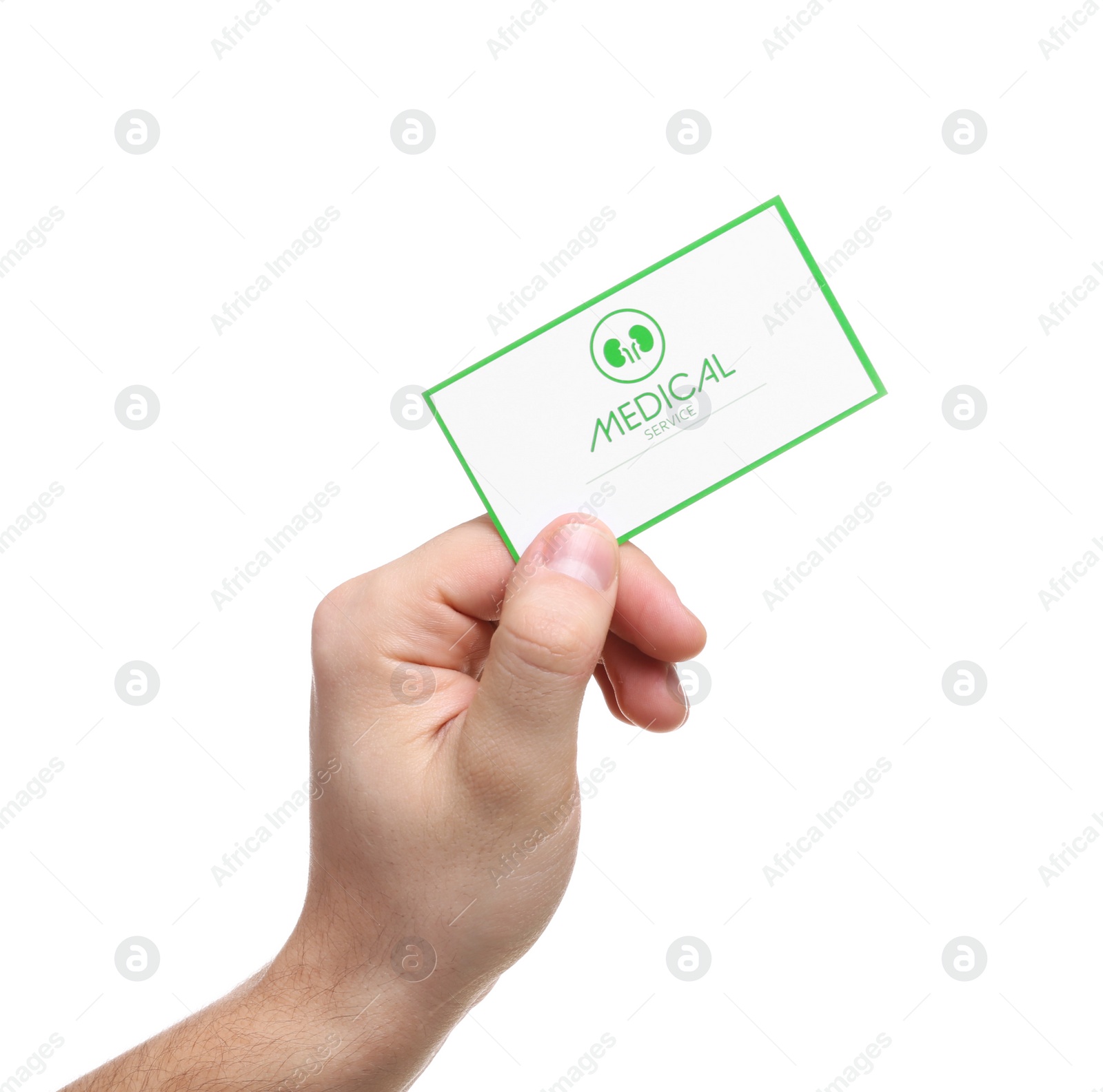 Photo of Man holding medical business card isolated on white, closeup. Nephrology service