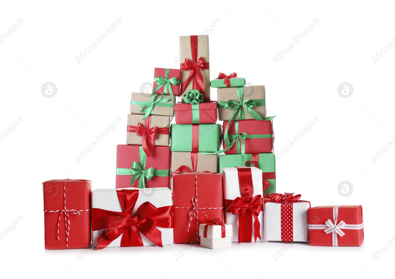 Image of Many different Christmas gift boxes on white background