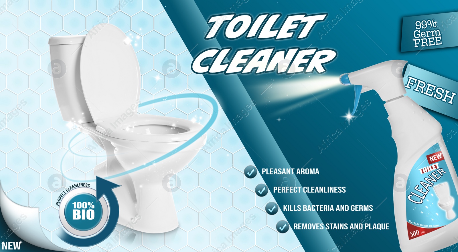 Image of Toilet cleaner and shiny unstained bowl, ad design  