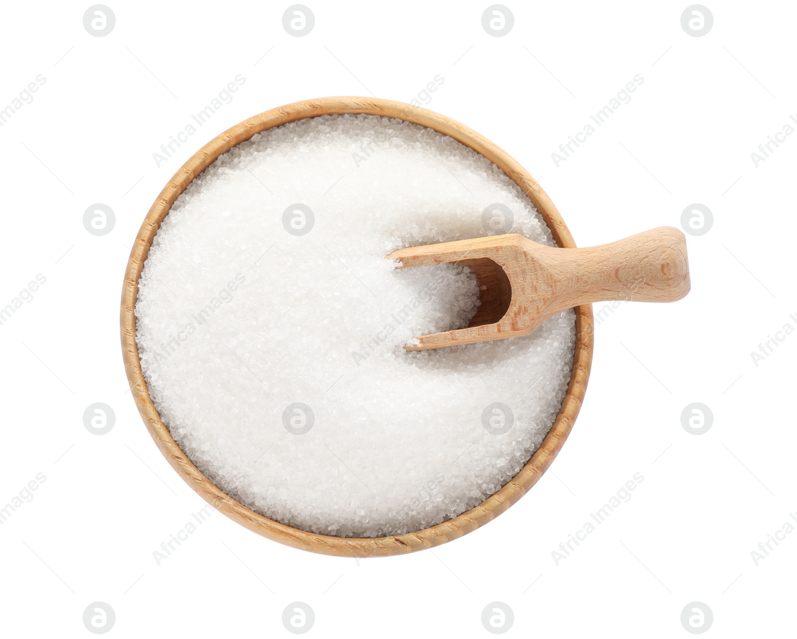 Photo of Granulated sugar and scoop in wooden bowl isolated on white, top view