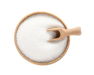 Granulated sugar and scoop in wooden bowl isolated on white, top view