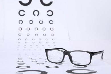 Photo of Vision test chart and glasses on white background, closeup. Space for text
