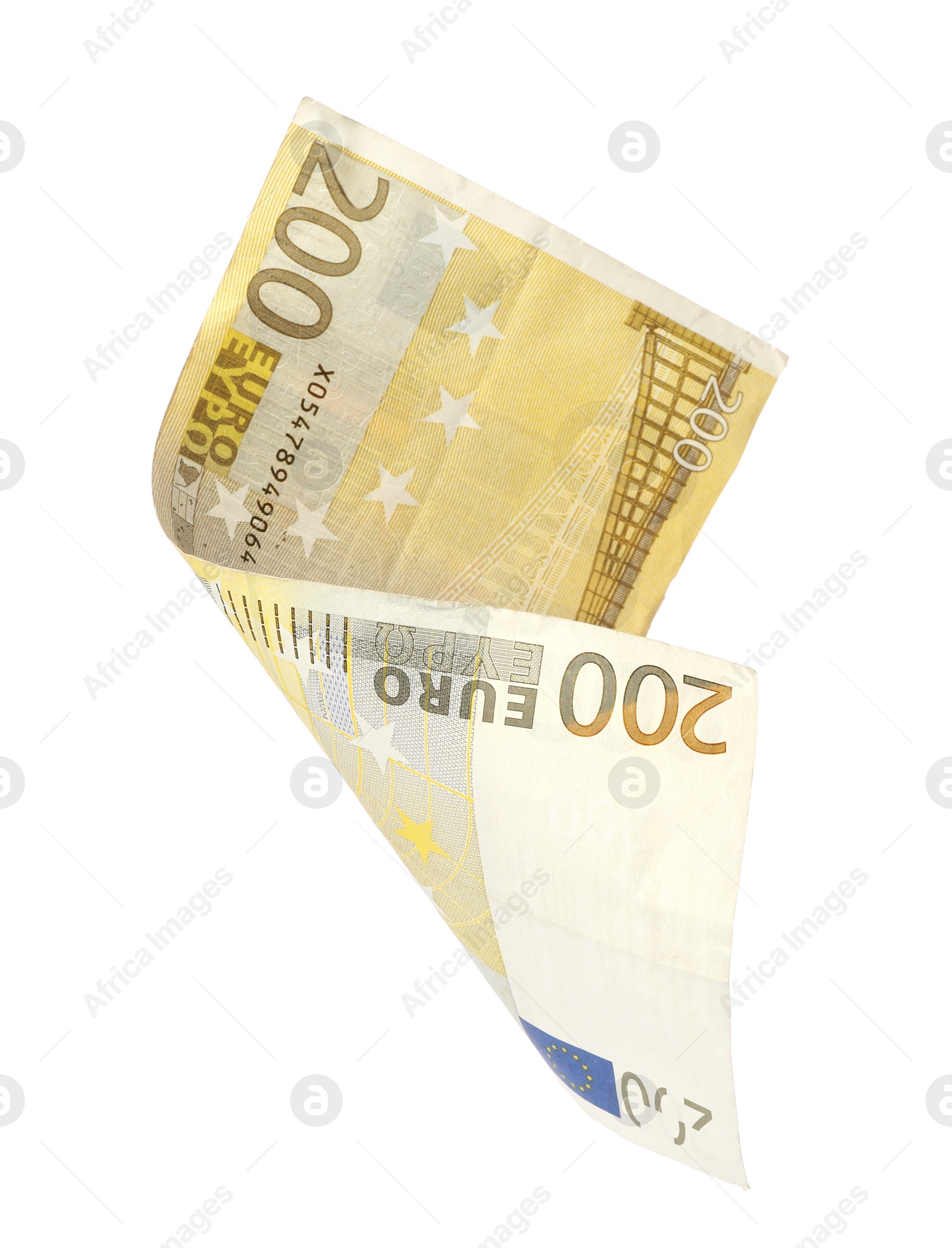 Photo of Flying two hundred Euro banknote isolated on white