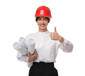Photo of Architect with hard hat and drafts showing thumbs up on white background