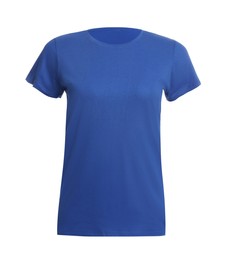 Photo of Stylish blue women's t-shirt isolated on white. Mockup for design