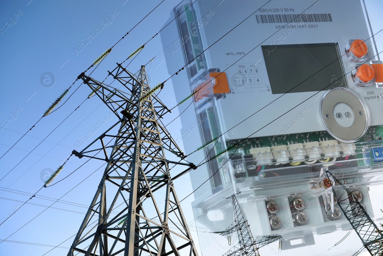 Image of Double exposure of electricity meter and high voltage tower with transmission power lines