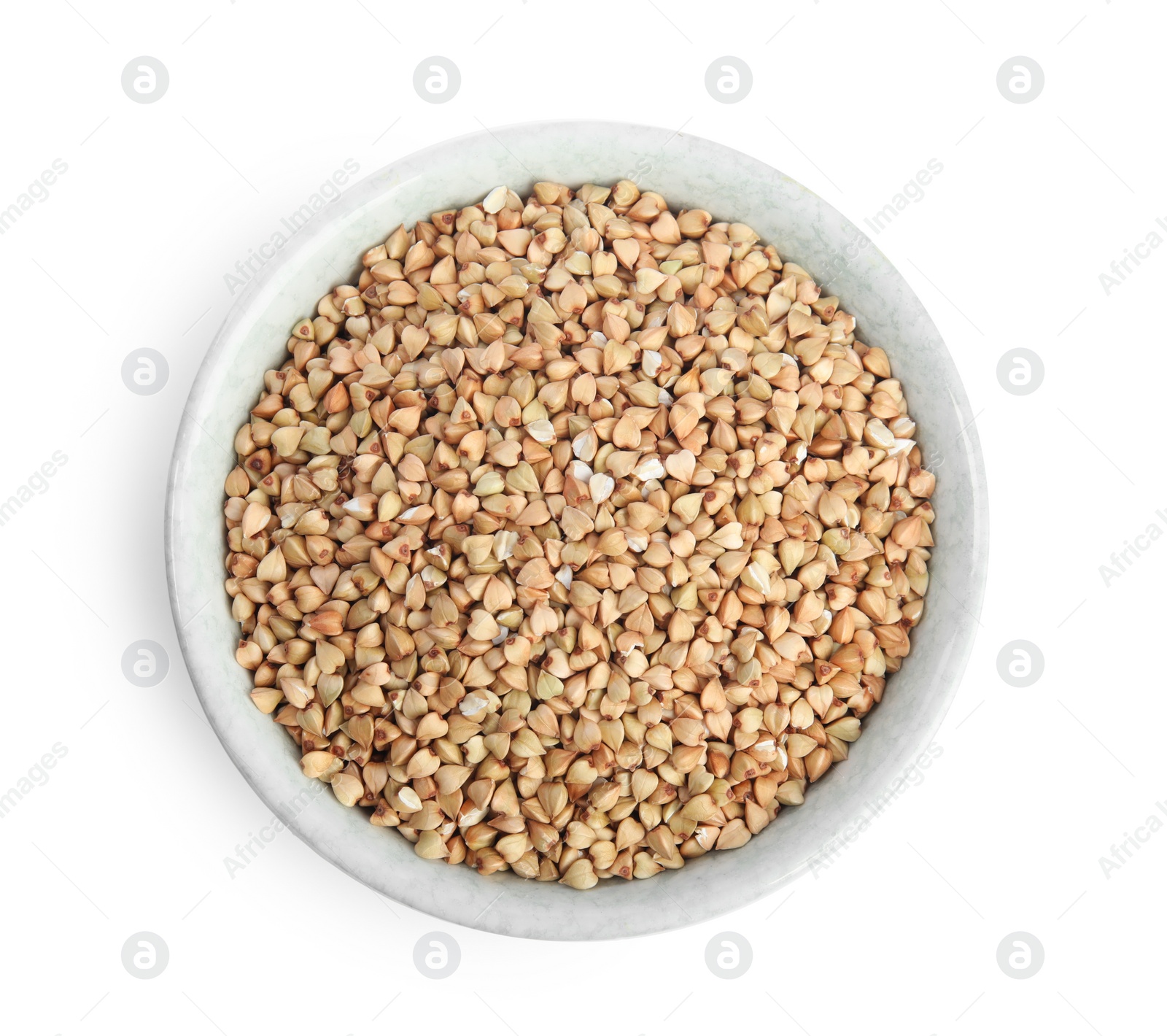 Photo of Green buckwheat in bowl isolated on white, top view