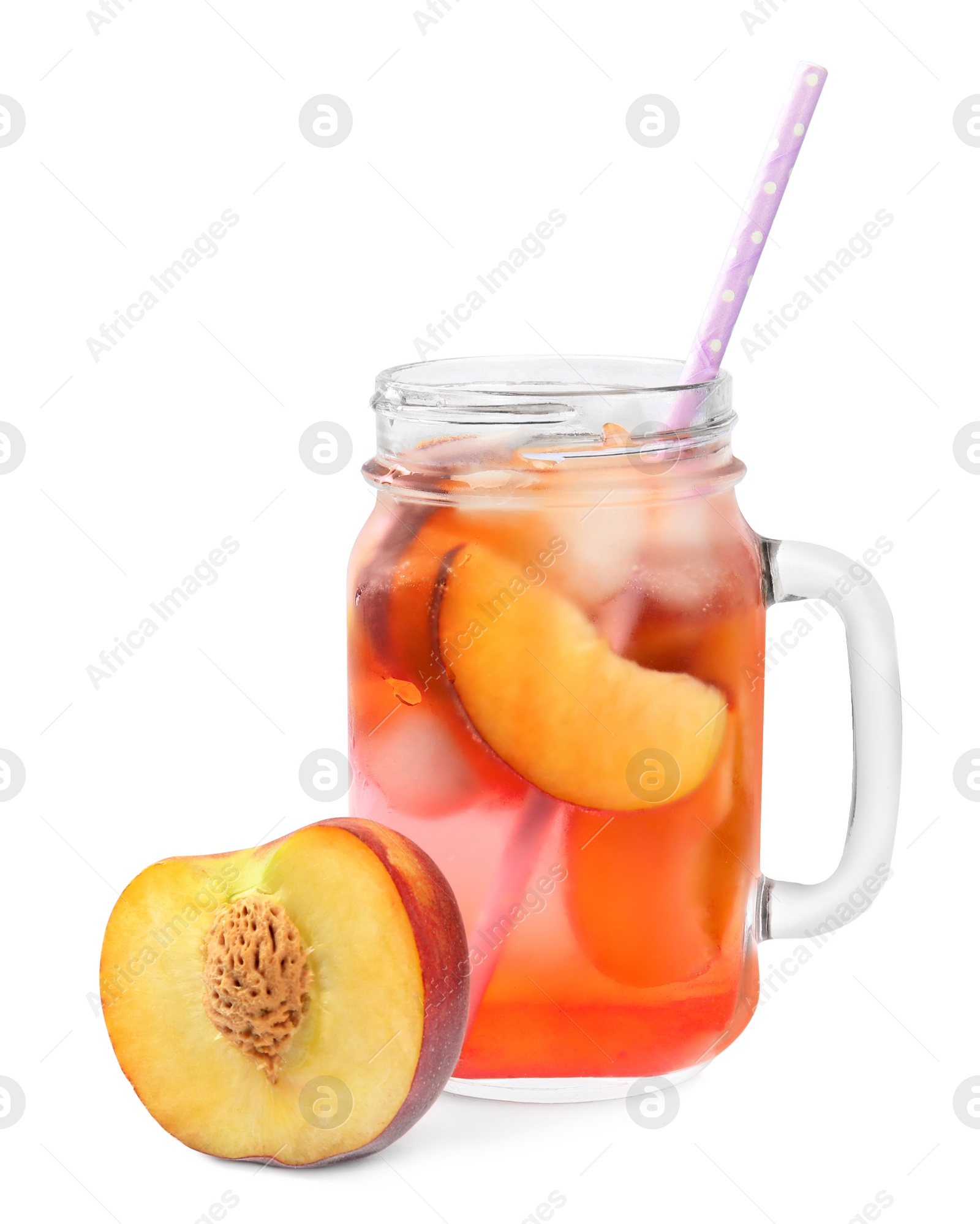 Photo of Delicious refreshing peach cocktail in mason jar on white background