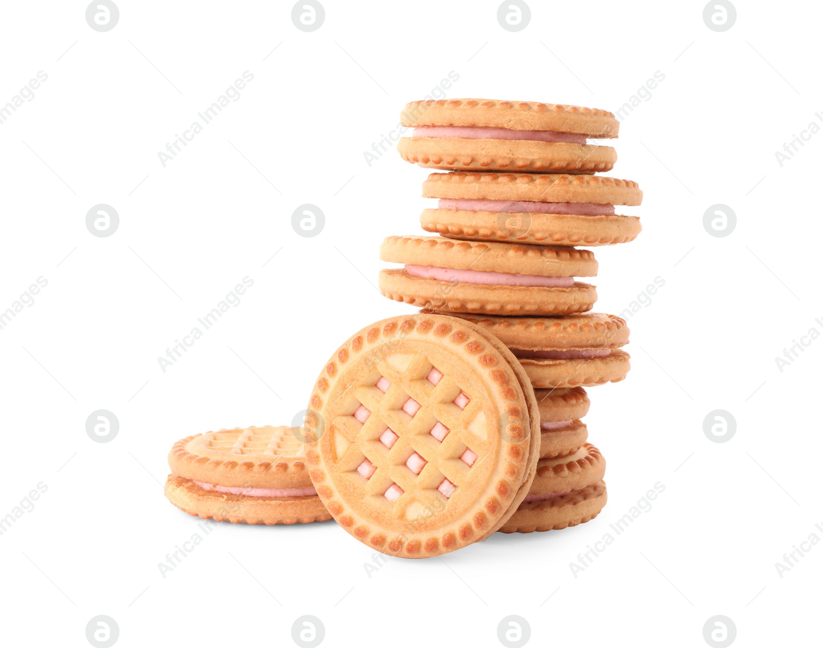 Photo of Stack of tasty sandwich cookies with cream isolated on white