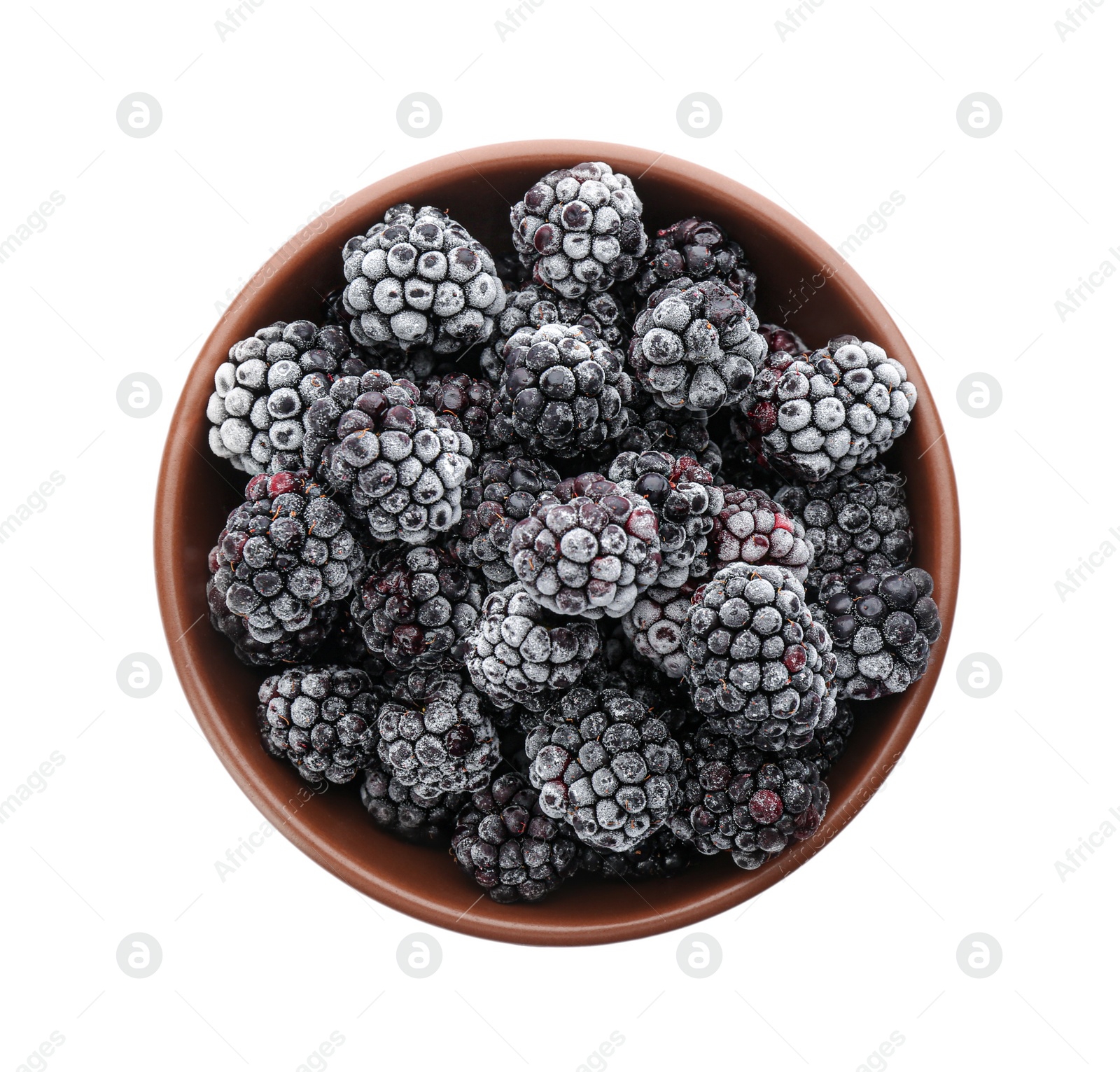 Photo of Tasty frozen blackberries in bowl isolated on white, top view