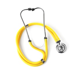 Photo of Stethoscope on white background, top view. Medical device