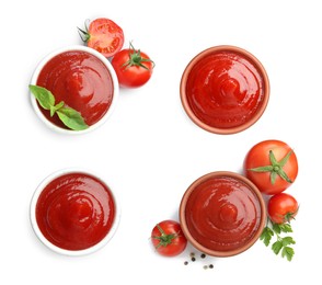 Collage of tasty ketchup in different bowls, fresh tomatoes and spices isolated on white, top view. Red sauce