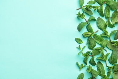 Fresh green mint leaves on blue background, flat lay. Space for text