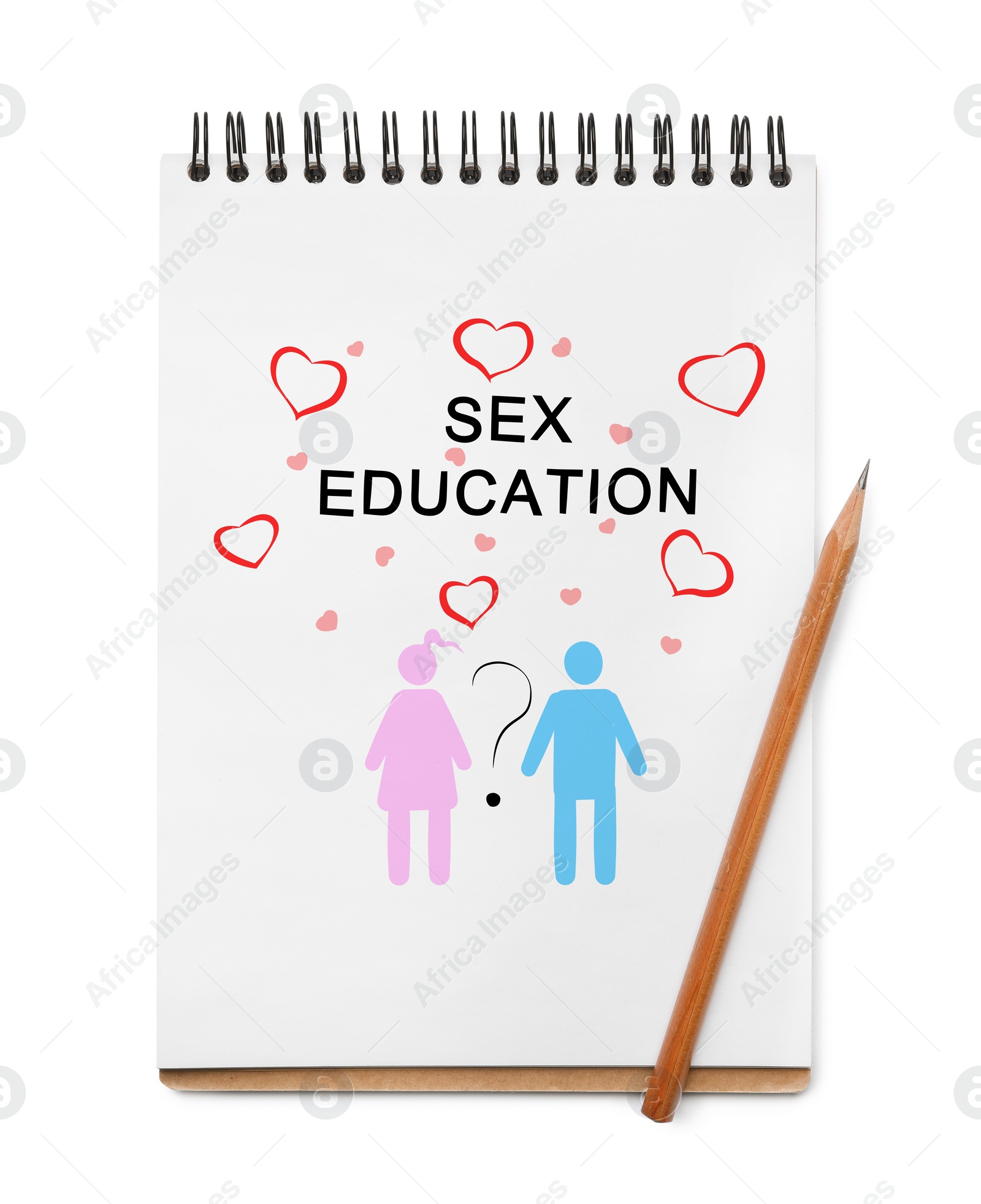 Image of Notebook with text Sex Education, hearts, question mark, woman and man drawings on white background, top view