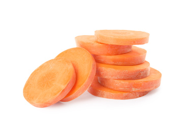 Photo of Slices of fresh ripe carrot isolated on white