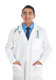 Photo of Portrait of male Hispanic doctor isolated on white. Medical staff