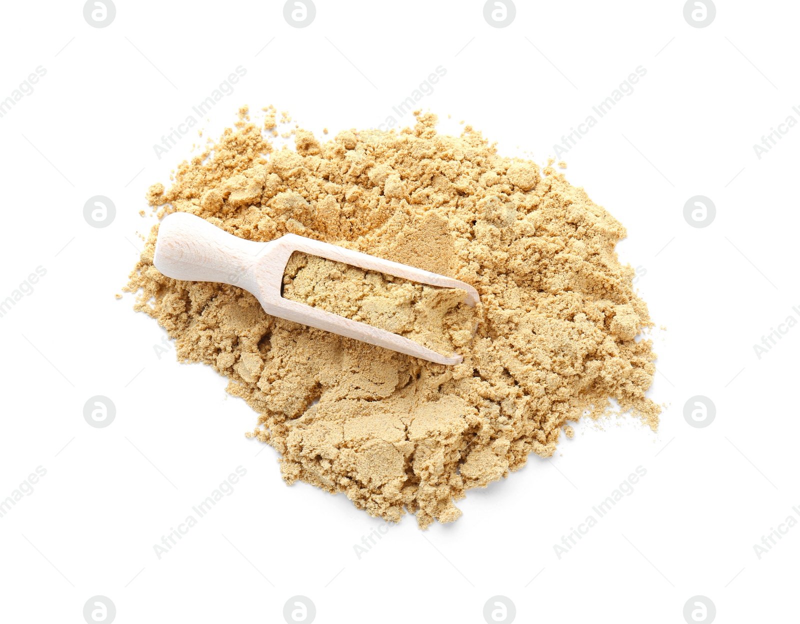 Photo of Wooden scoop with aromatic mustard powder on white background, top view