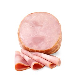 Photo of Half of delicious ham and slices isolated on white