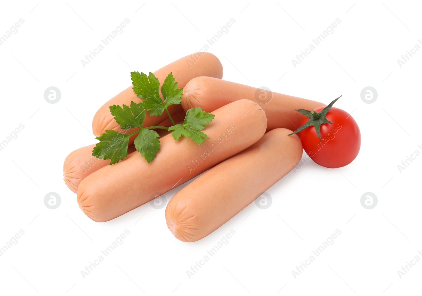 Photo of Delicious boiled sausages, tomato and parsley on white background