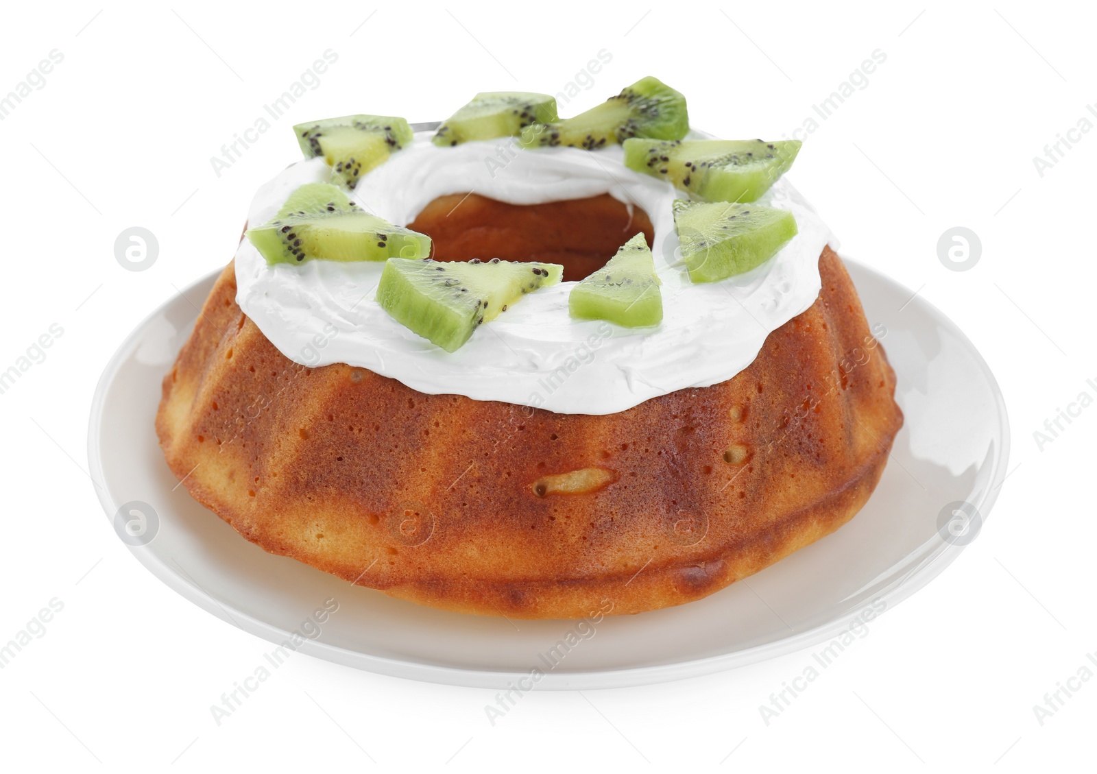 Photo of Homemade yogurt cake with kiwi and cream on white background