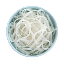Bowl of tasty cooked rice noodles isolated on white, top view