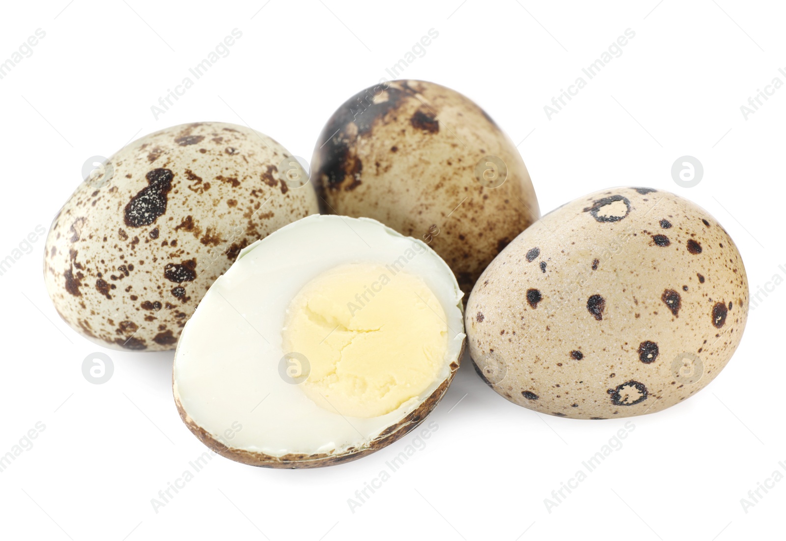 Photo of Hard boiled quail eggs on white background