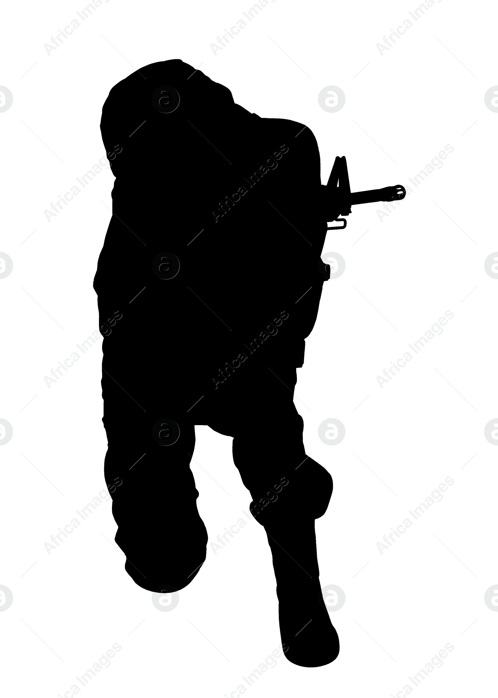 Image of Silhouette of soldier with assault rifle on white background. Military service