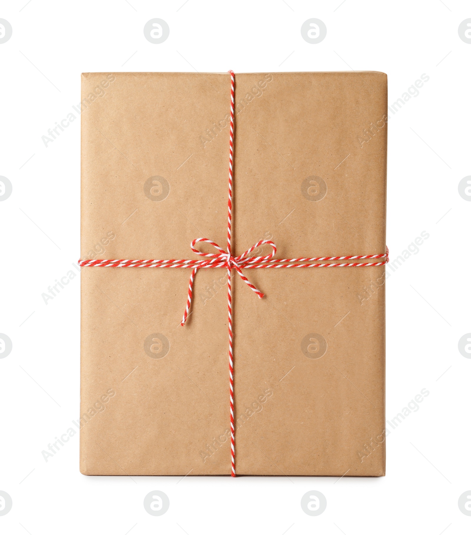 Photo of Gift box wrapped in kraft paper with bow isolated on white