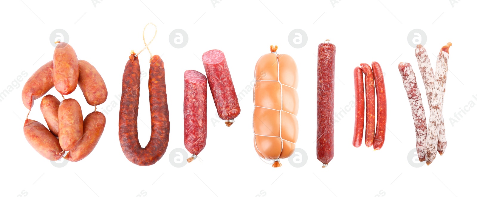 Image of Set with different tasty sausages on white background, top view. Banner design