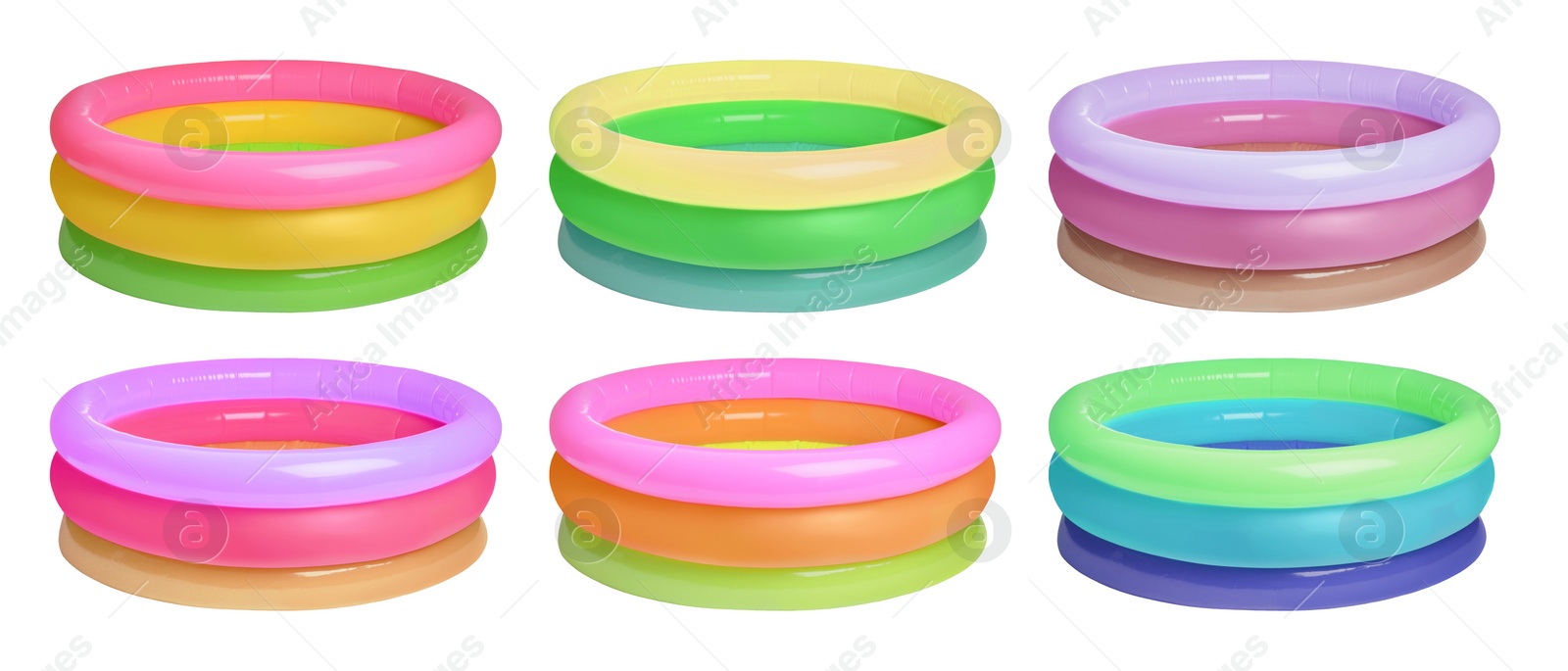 Image of Set with different colorful inflatable rubber pools on white background. Banner design