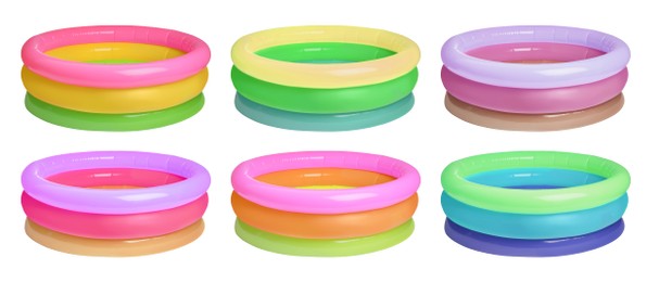 Set with different colorful inflatable rubber pools on white background. Banner design