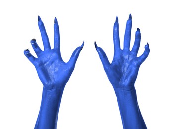 Image of Creepy monster. Blue hands with claws isolated on white